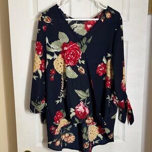 West Kei Floral V-Neck Blouse - Navy and Red